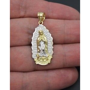 Real 10K Yellow-White Gold Lady Guadalupe Virgin Mary Medallion Pendant 2.7gr